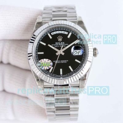 TWB Swiss Replica Rolex Day-Date II 40 Black Dial Stainless Steel 2836 Watch 